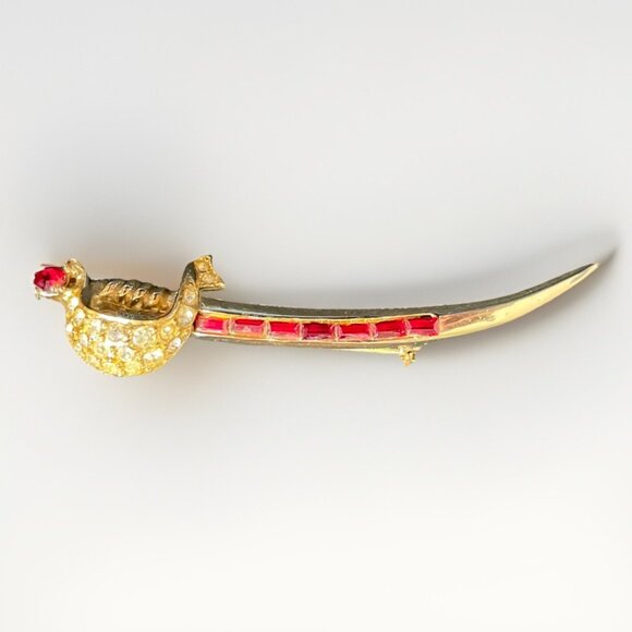 Rare Vintage Coro Sword Brooch Red Baguette Rhinestones Signed